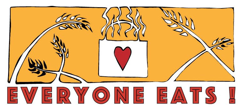 Logotipo de Everyone Eats con fondo amarillo y tallos de trigo en blanco con un corazón rojo en el centro