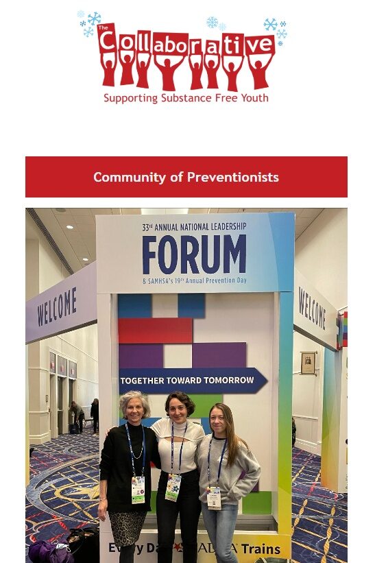 Top portion of our February newsletter depicting three staff members at a national conference
