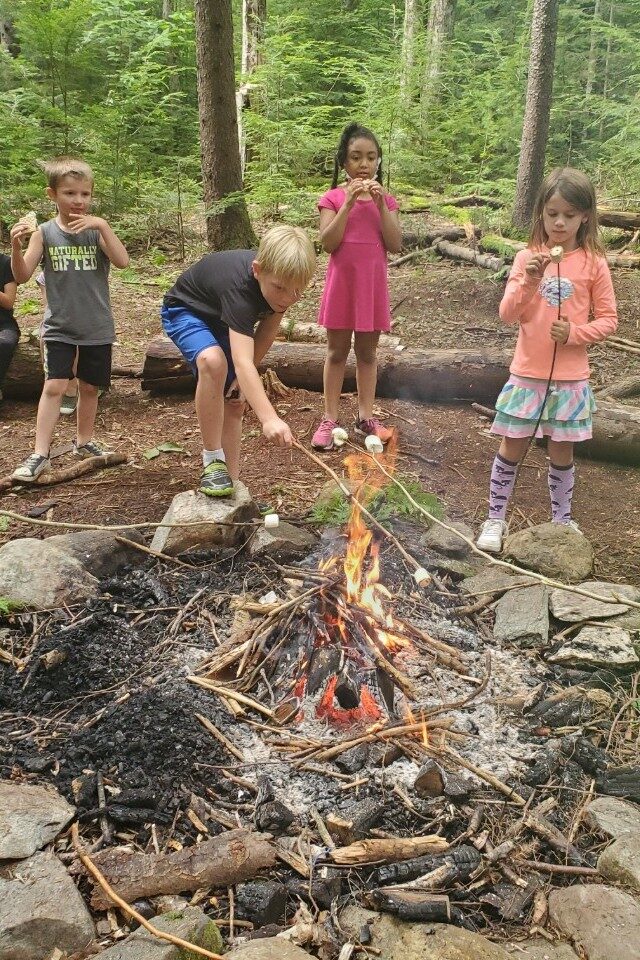 Young campers roasting marshmallows around a camp fire in the woods.